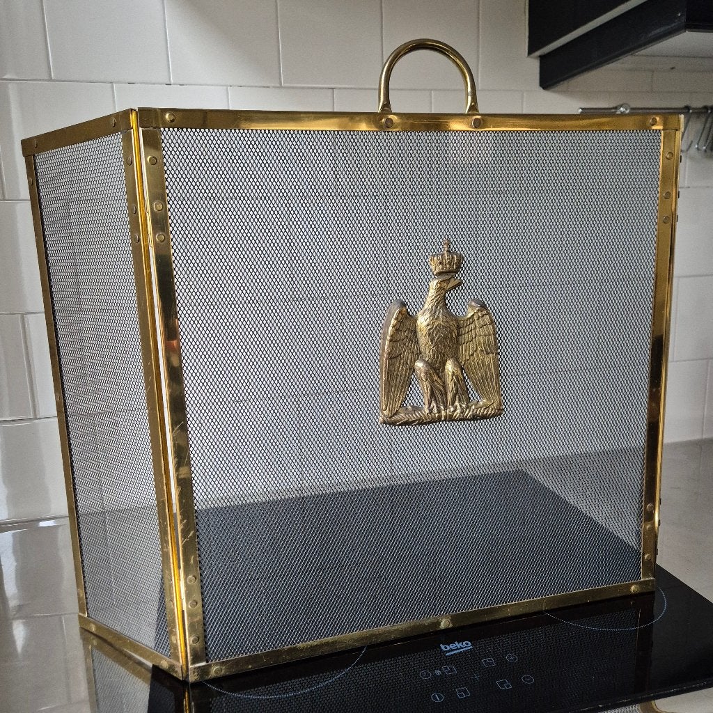 Klein haard scherm geel koperen bies decor adelaar, Huis en Inrichting, Haarden, Ophalen, Inbouwhaard, Overige soorten
