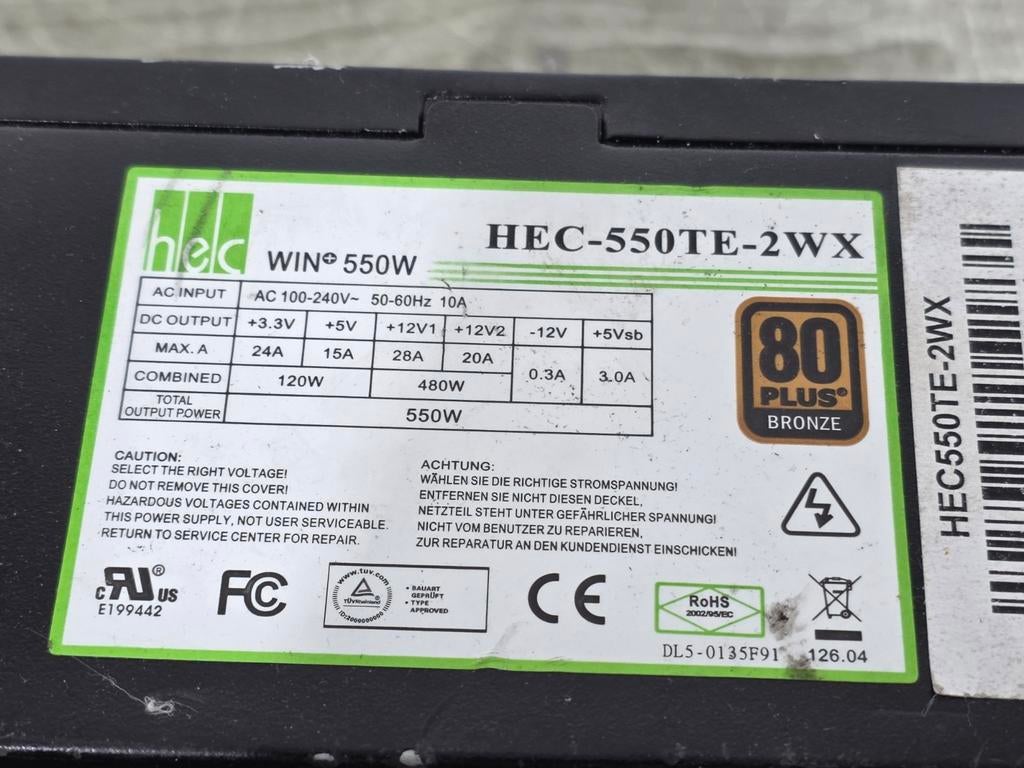 Hec 550w max voeding psu power supply hec-550te-2wx, Ophalen of Verzenden, Gebruikt