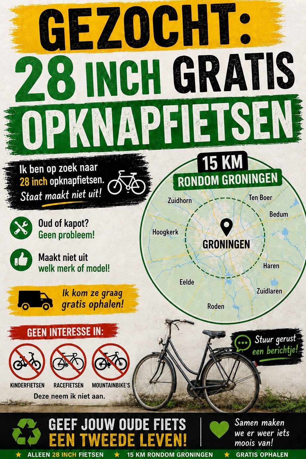 gezocht gratis 28inch opknap fietsen, Ophalen, Gebruikt, Overige merken