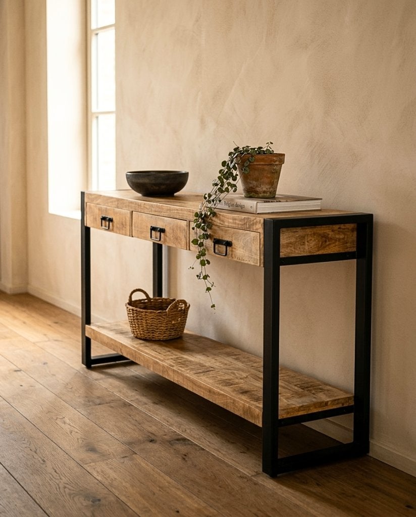 Sidetable mango hout + staal zwart — 3 maten — nieuw, Ophalen, 100 tot 150 cm, Nieuw, Overige houtsoorten
