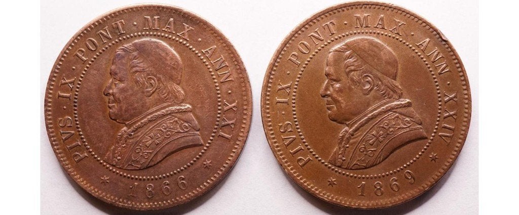 4 soldi 1866 en 1869, Kerkelijke Staat, Pius IX, Postzegels en Munten, Ophalen of Verzenden, Italië, Setje