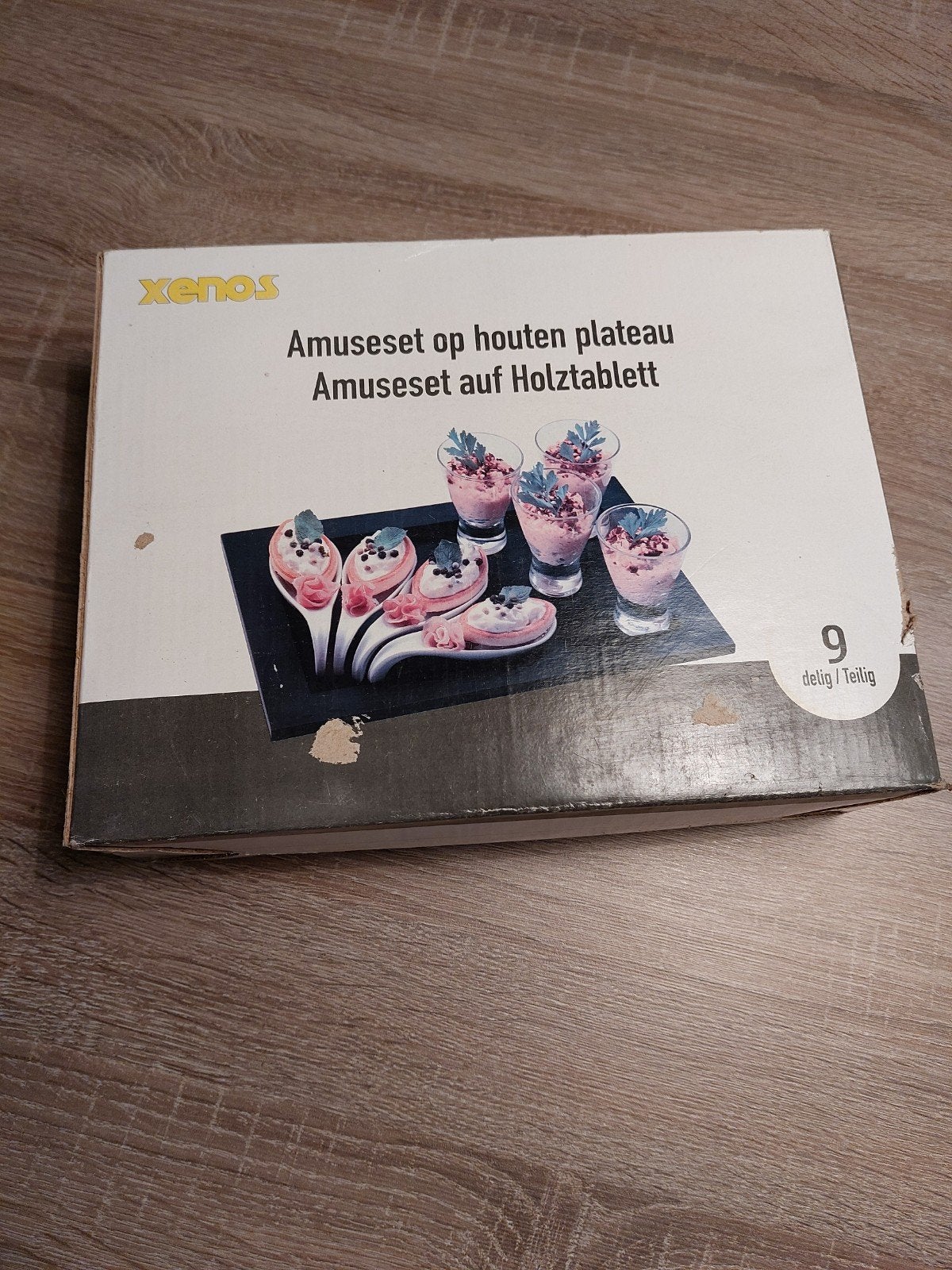Xenos Amuseset op houten plateau - 9-delig, Overige typen, Hout, Nieuw, Ophalen of Verzenden