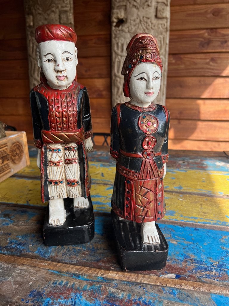 India houtsnijwerk vintage beelden echtpaar man vrouw 30 cm, Groep mensen, Handgemaakt, Ophalen of Verzenden, 20 - 50 cm