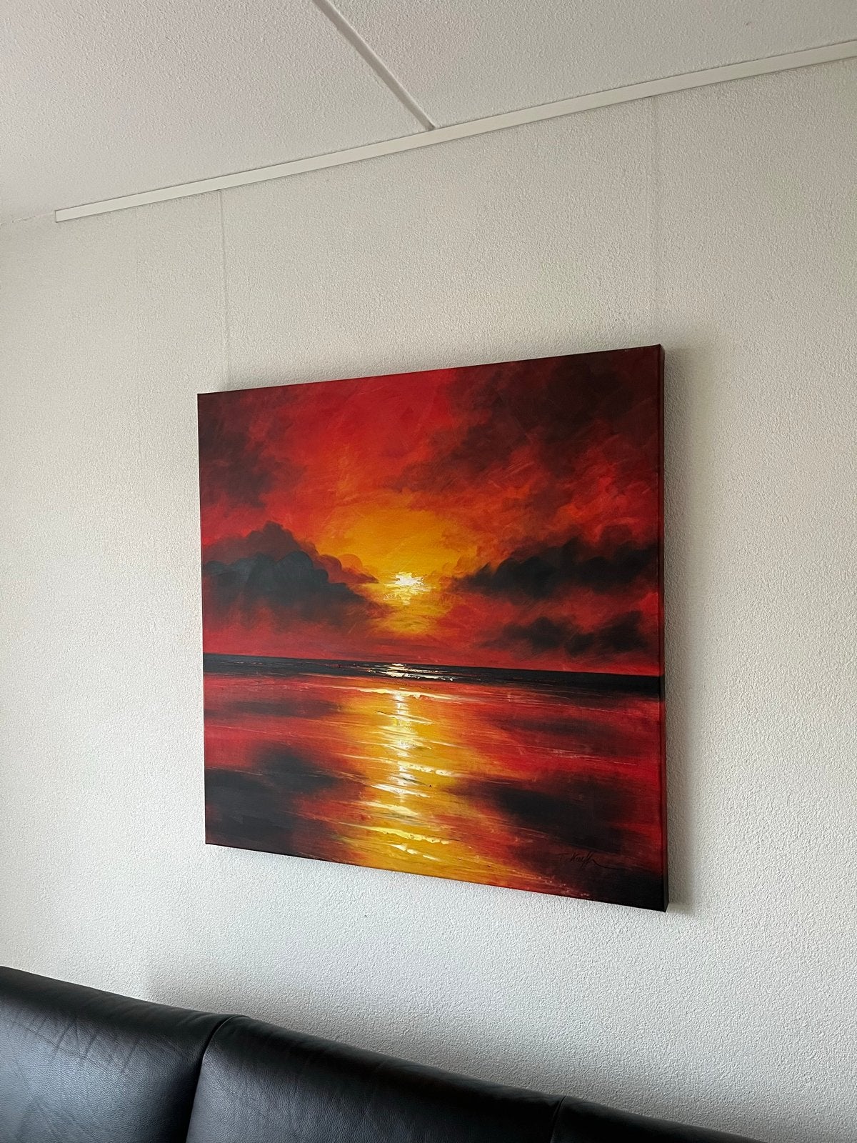 Schilderij zonsondergang aan zee, Olieverf, Met textuur, Textiel, Landschap