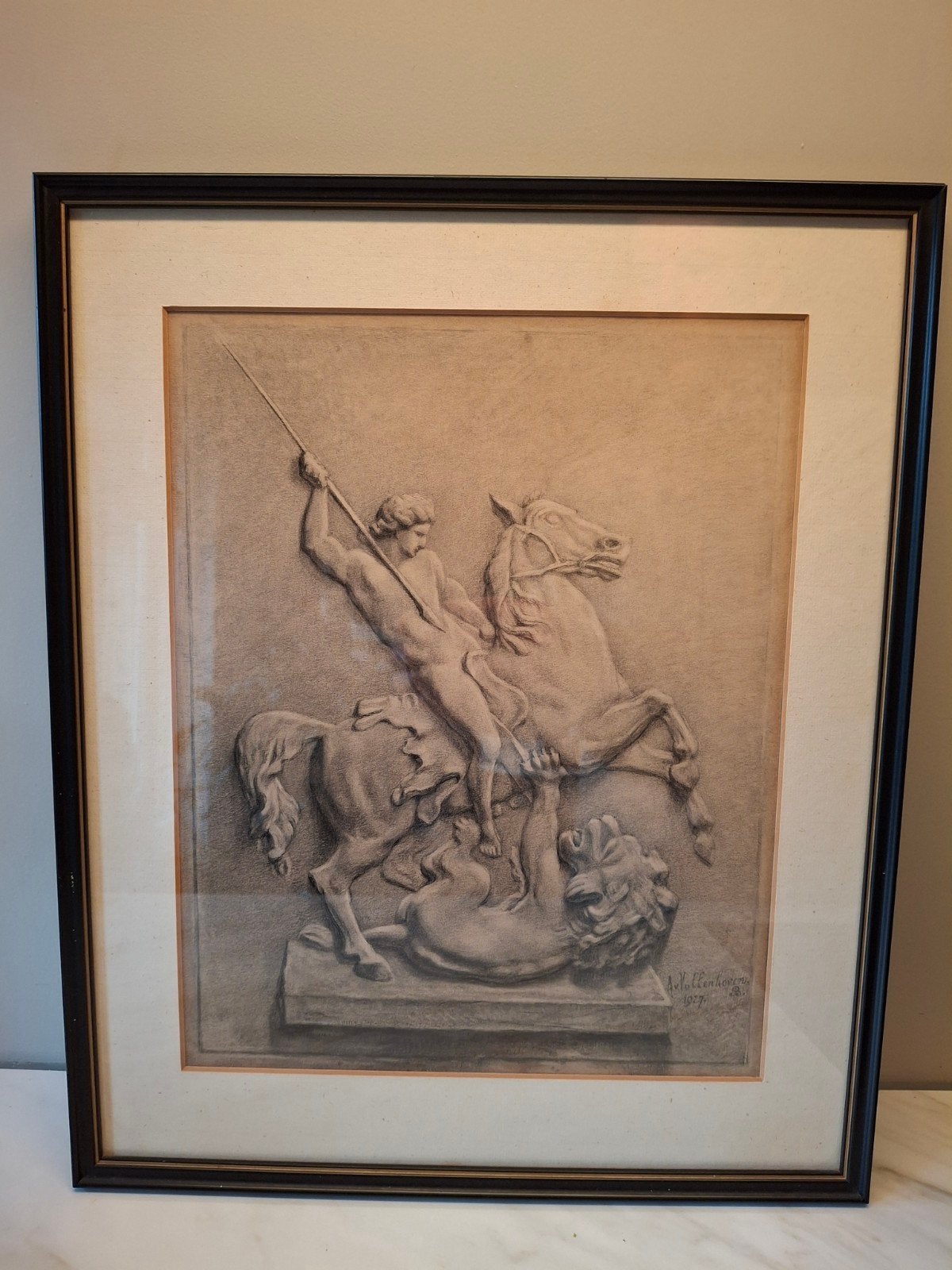Tekening: Man op paard met leeuw, Ophalen of Verzenden, Tekening, Prent, Gesigneerd