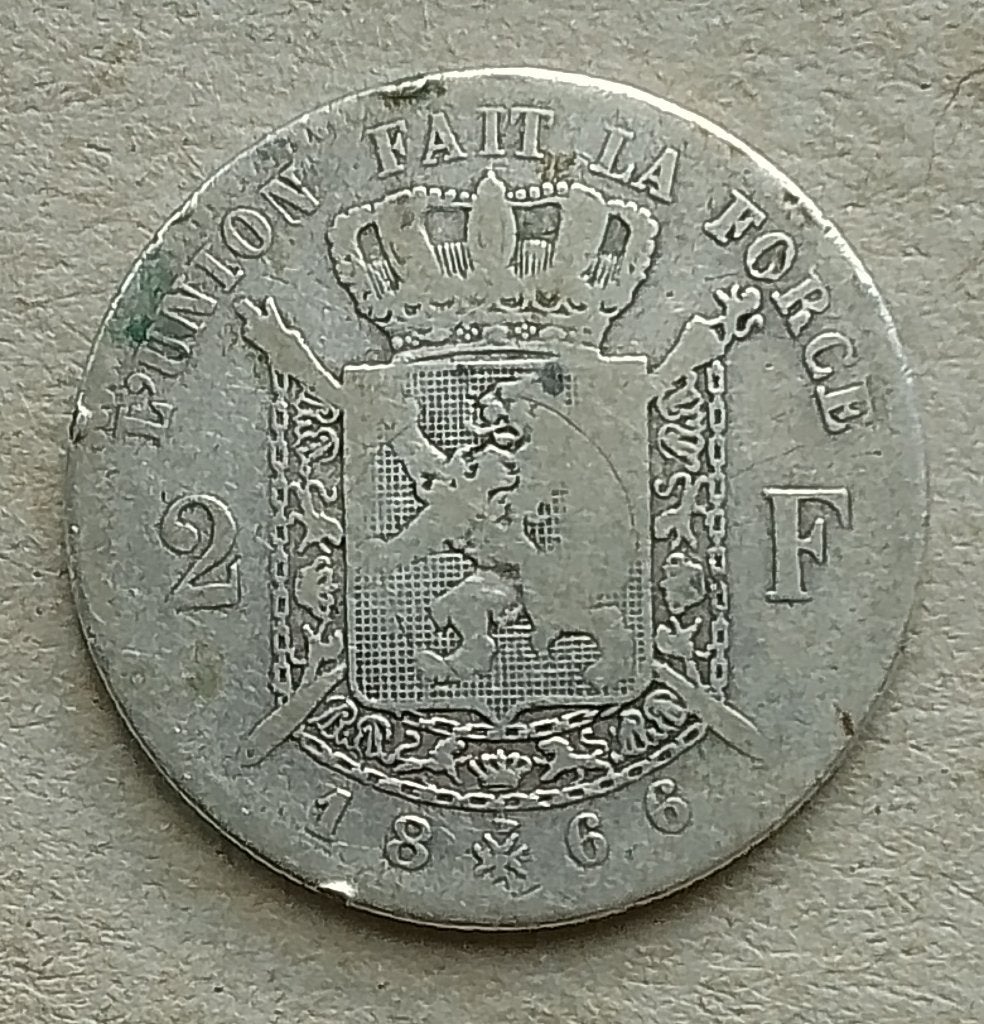 België, 2 francs 1866 (met kruis), Ophalen of Verzenden, België, Losse munt, Zilver