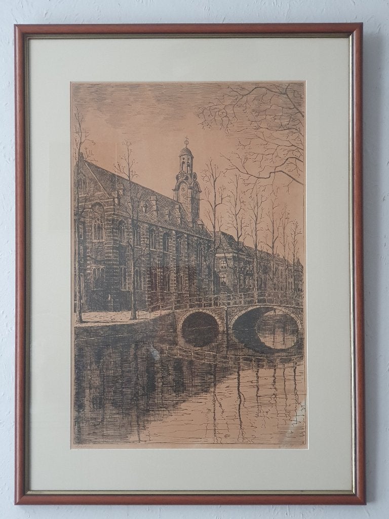 Mooi ingelijste prent van Academiegebouw Leiden, Ophalen of Verzenden, Voor 1940, Gebruikt, Overige onderwerpen