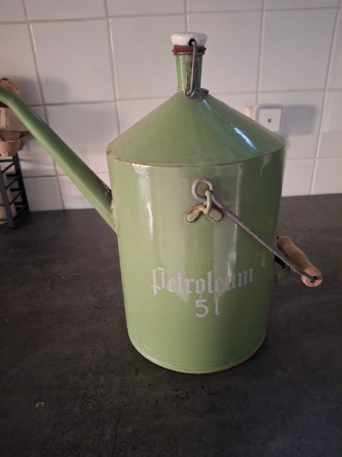 Vintage Petroleum Kan 5L - Groen Emaille, Ophalen