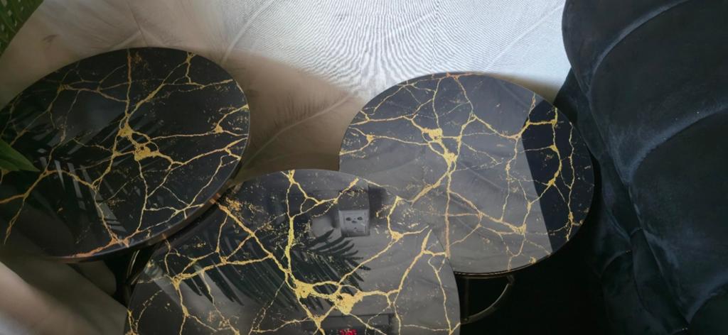 Set van 3 salontafels - Zwart marmerlook met goud, 45 tot 60 cm, Modern, Luxe, Glamour, Metaal of Aluminium, Rond