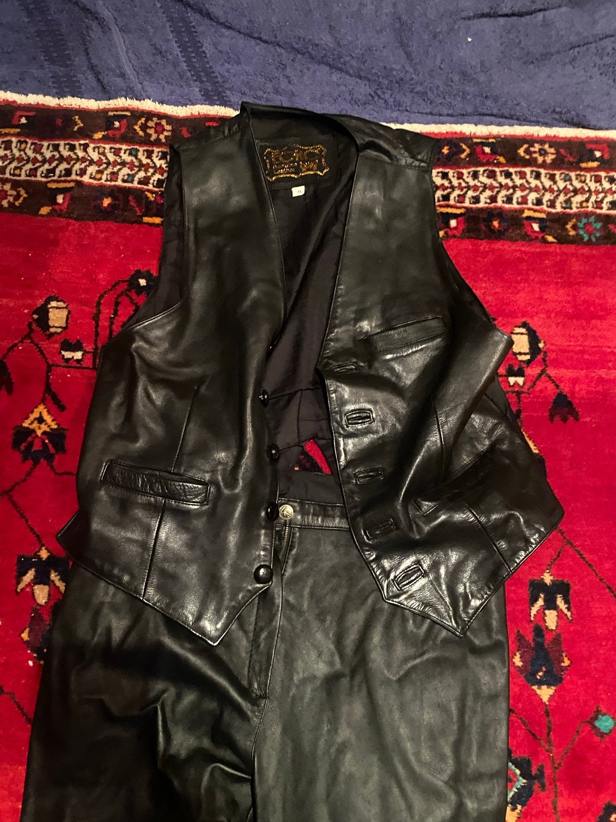 Leren Vest en Broek Set - Zwart kinky, Maat 38/40 (M), Ophalen of Verzenden, Overige thema's, Kleding
