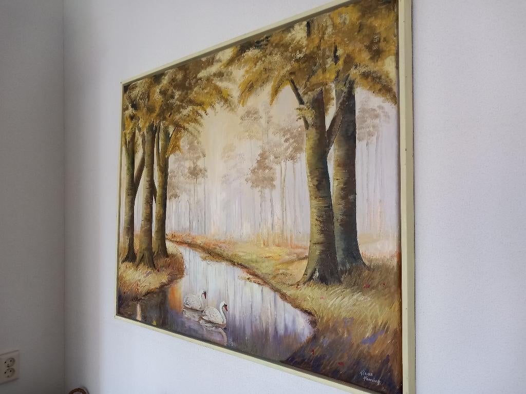 Groot geschilderd herfstlandschap met zwanen – Klaas Koning, Ophalen