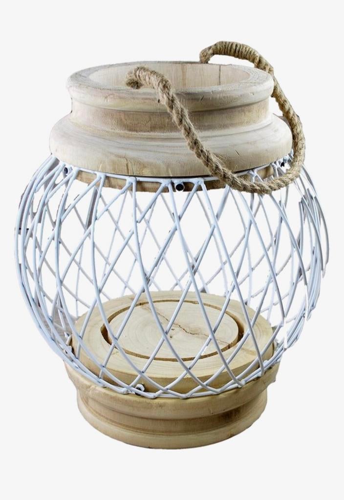 Groot Houten windlicht met wit metalen frame, Huis en Inrichting, Woonaccessoires | Kandelaars en Kaarsen, Gebruikt, Bruin, Ophalen of Verzenden