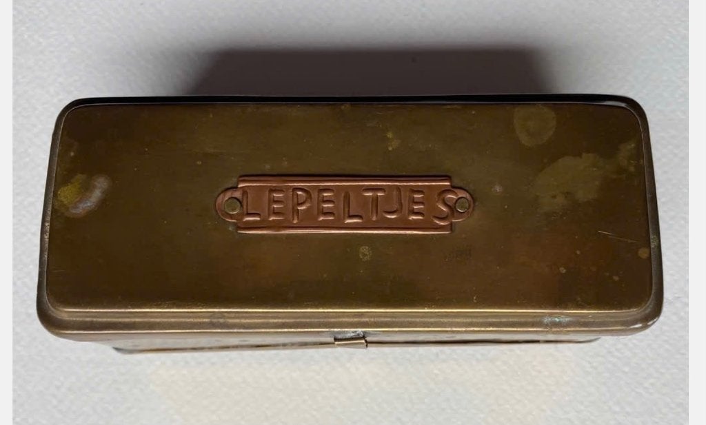 2 x Antiek Messing lepeldoosje met stoffen binnenzijde pr.st, Ophalen of Verzenden