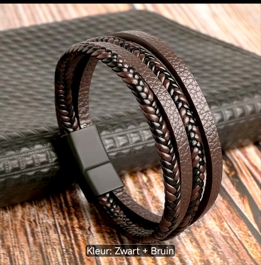 Stijlvolle Heren Armband - Zwart & Bruin Gevlochten Leer, Sieraden, Tassen en Uiterlijk, Armbanden, Ophalen of Verzenden, Nieuw