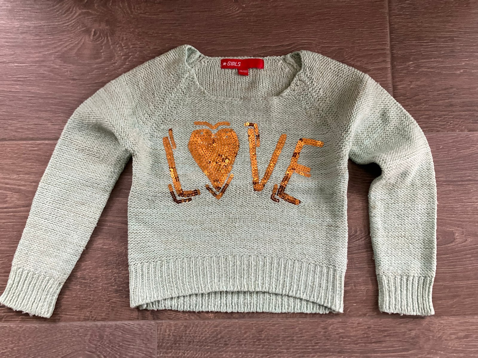 Leuke mintgroene trui met 'LOVE' pailletten 116 122, Ophalen of Verzenden, Gebruikt, Meisje, Trui of Vest