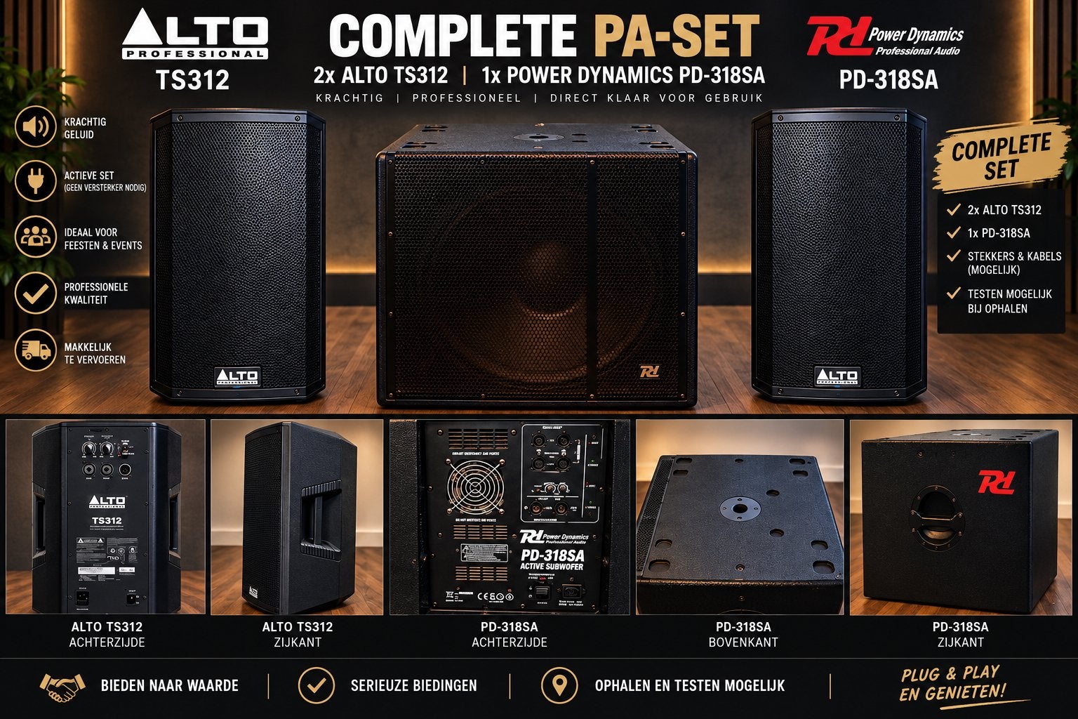 Compleet PA-set: 2x ALTO TS312 + Power Dynamics PD-318SA, Ophalen, Zo goed als nieuw, 1000 watt of meer, P.A.