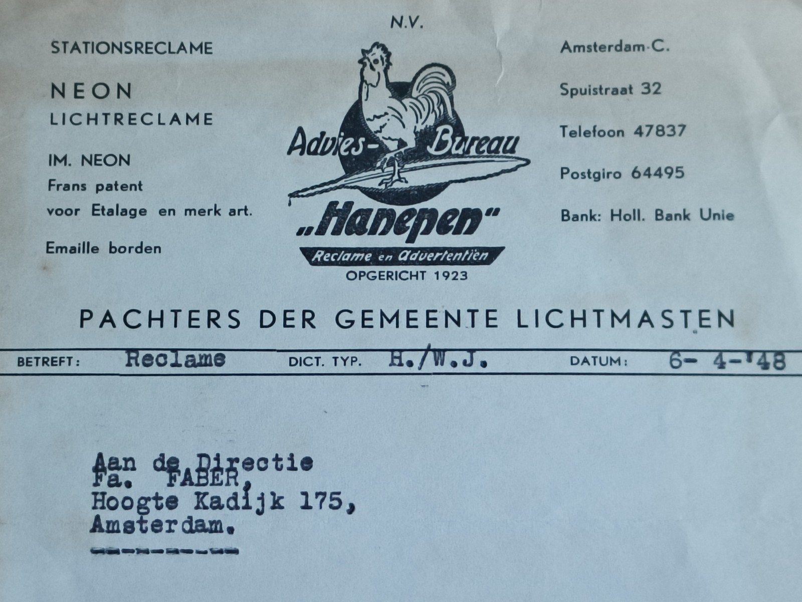 1948 BRIEF ADVIESBUREAU " HANEPEN", EMAILLE, NEON, STATION, Ophalen of Verzenden, Gelezen