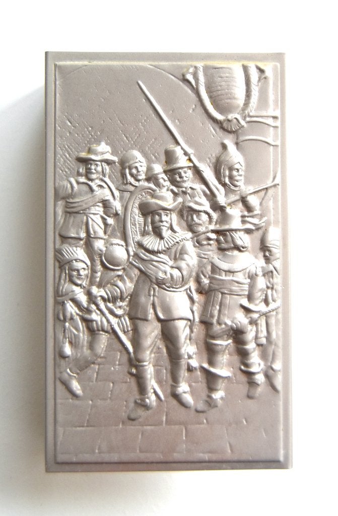 Vintage zilverkleurige metalen luciferdooshouder, Nachtwacht, Antiek en Kunst, Ophalen of Verzenden