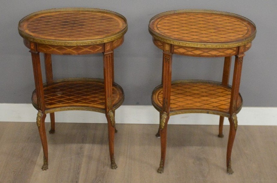 Antieke Duo Bijzettafels – Marqueterie, Antiek en Kunst, Ophalen of Verzenden