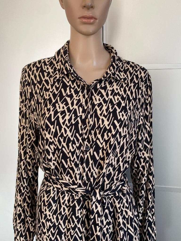 K128 Elvira maat 38=M lange maxi-jurk beige/zwart, Maat 38/40 (M), Beige, Ophalen of Verzenden, Zo goed als nieuw