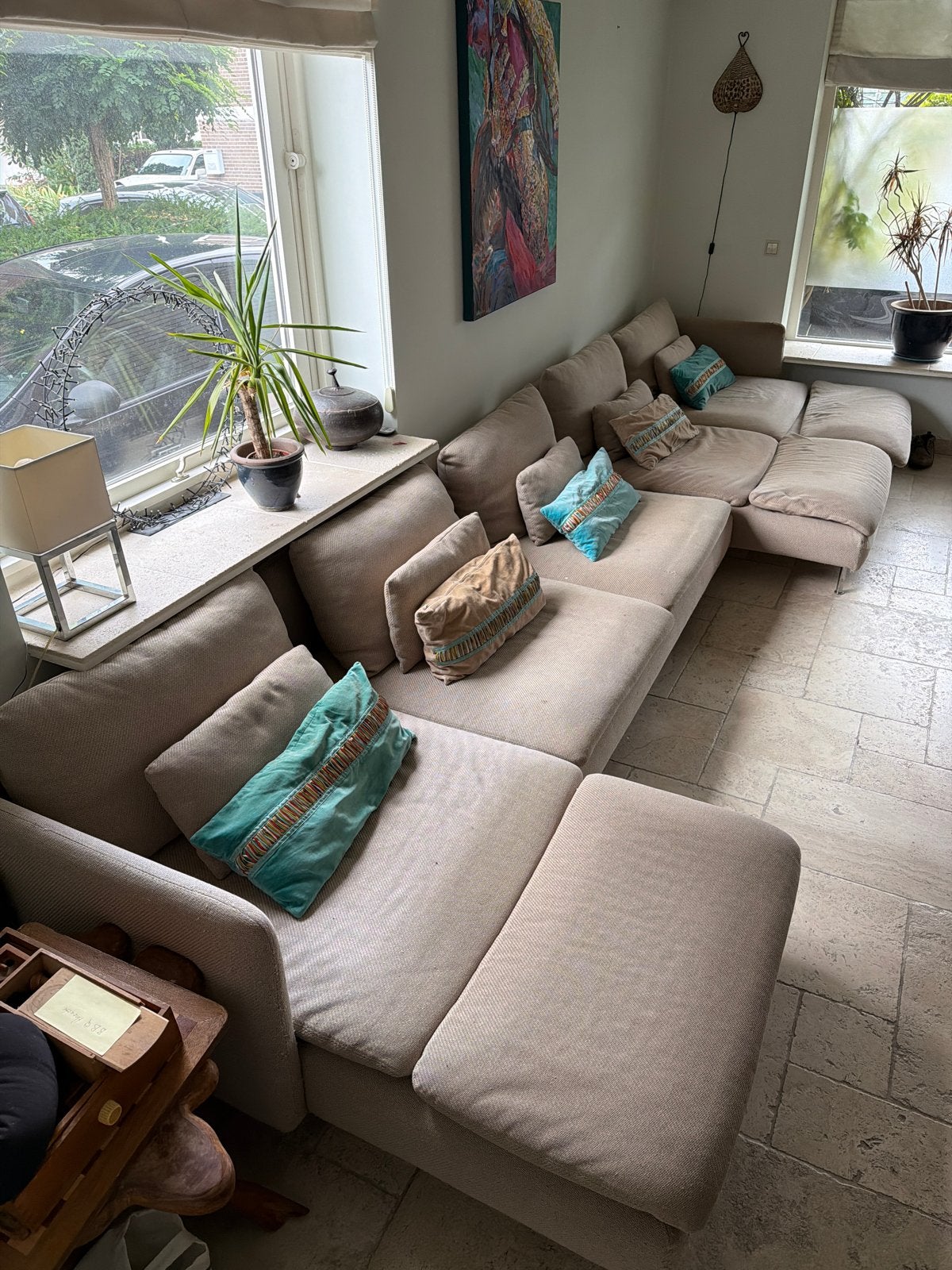 Gratis afhalen: Beige hoekbank met 3x chaise longue, Huis en Inrichting, Ophalen, Gebruikt, Hoekbank, 300 cm of meer