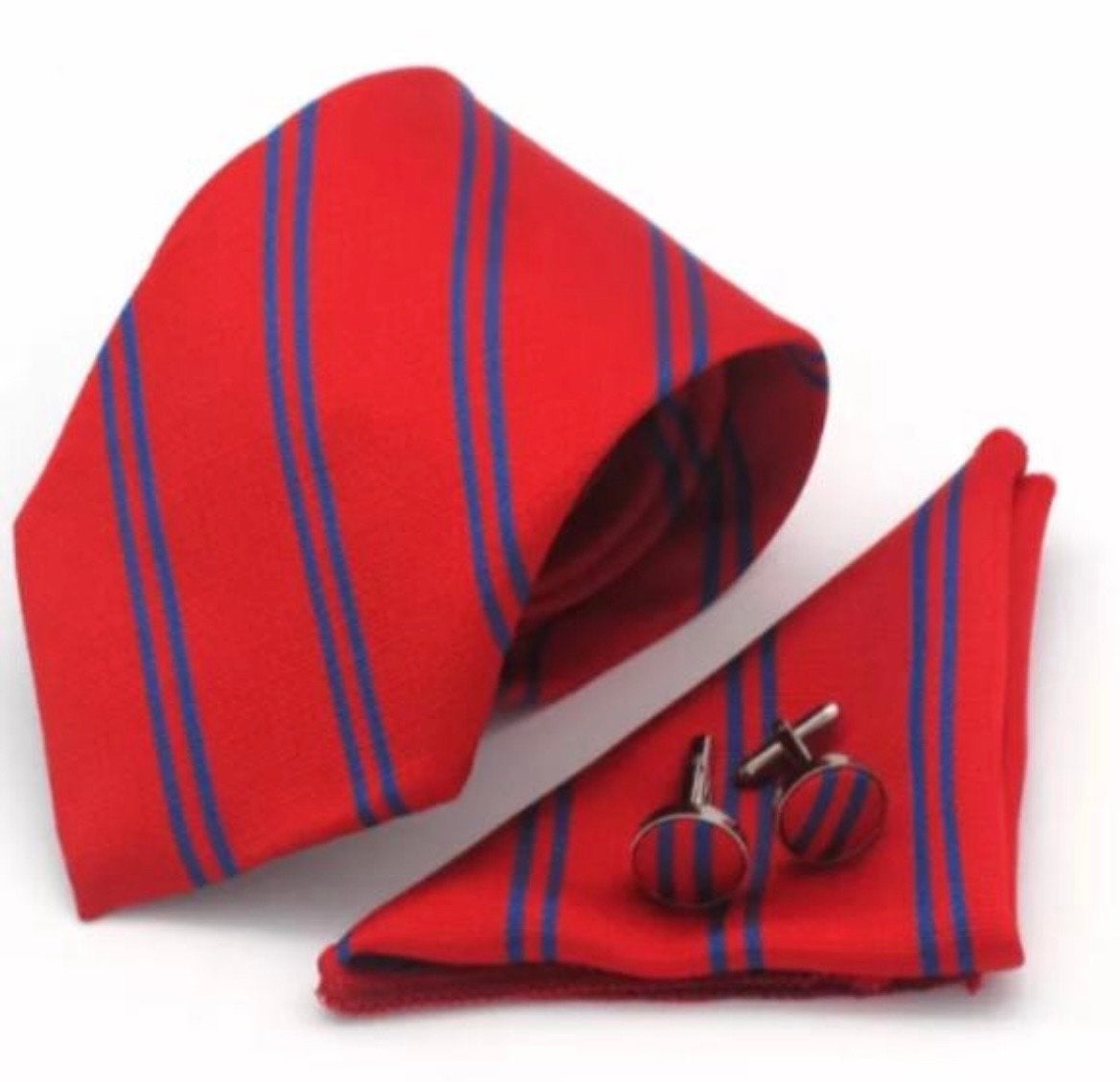 Stropdas, pochet & manchetknopen set - Rood/Blauw 100% zijde, Ophalen of Verzenden, Nieuw, Rood, Met patroon