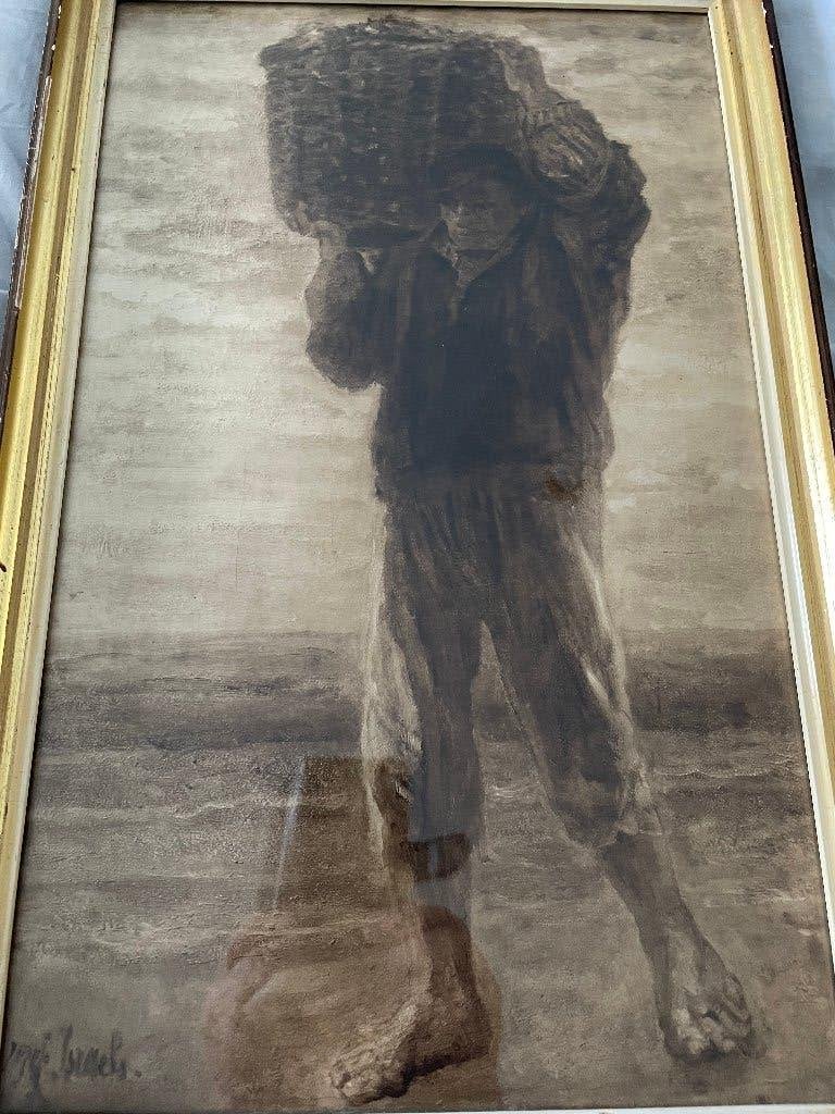 Jozef Israëls - Visser met mand (ca. 1880), Antiek en Kunst, 1800 - 1899, Ets, Ophalen of Verzenden, Ingelijst