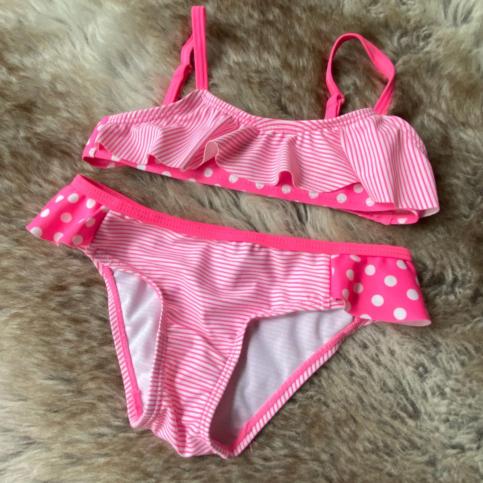 OVS Meisjes Bikini Roze/Wit Streepjes & Balletjes Maat 110, Bikiniset, Meisje, Ophalen of Verzenden, Zo goed als nieuw
