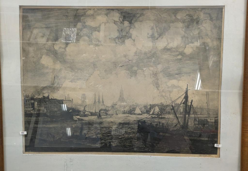 Gravure Maas voor Rotterdam rond 1923, Antiek en Kunst, Kunst | Etsen en Gravures, Ophalen