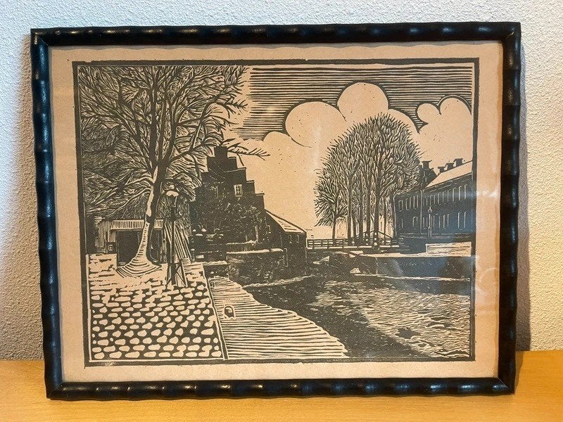 Vintage linosnede Poortershuisje Groningen ingelijst, Ophalen of Verzenden, Stadsgezicht, Houtsnede, Ingelijst
