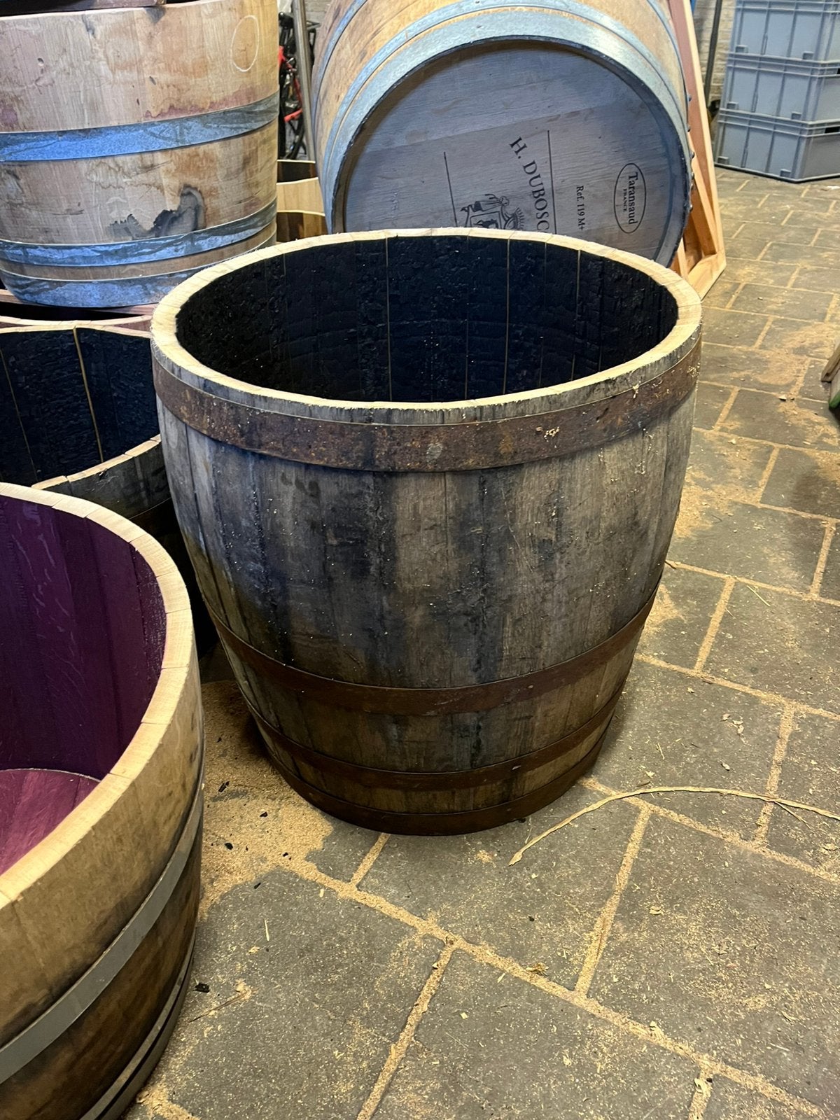 Houten bloembak half wijnvat whiskyvat palmboom vijvertje, Tuin en Terras, Gerard Krale, Rond, Nieuw, Ophalen of Verzenden