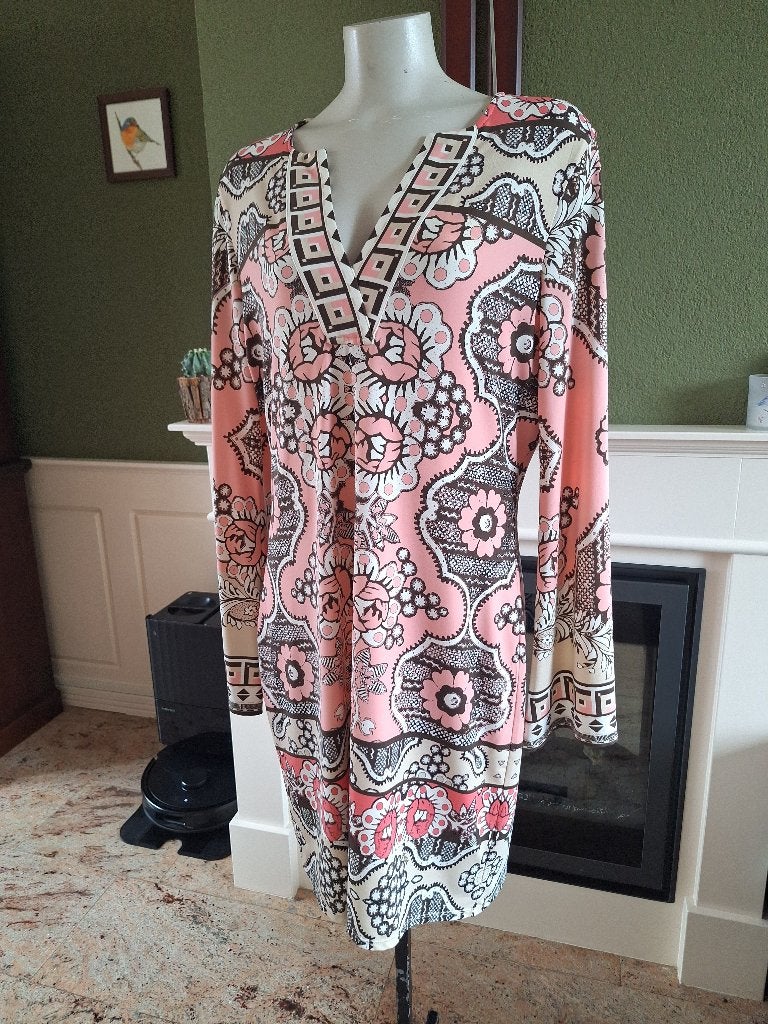 Hale Bob gevoerde roze bruine creme print jurk mt L, Kleding | Dames, Jurken, Verzenden, Maat 42/44 (L), Knielengte, Roze