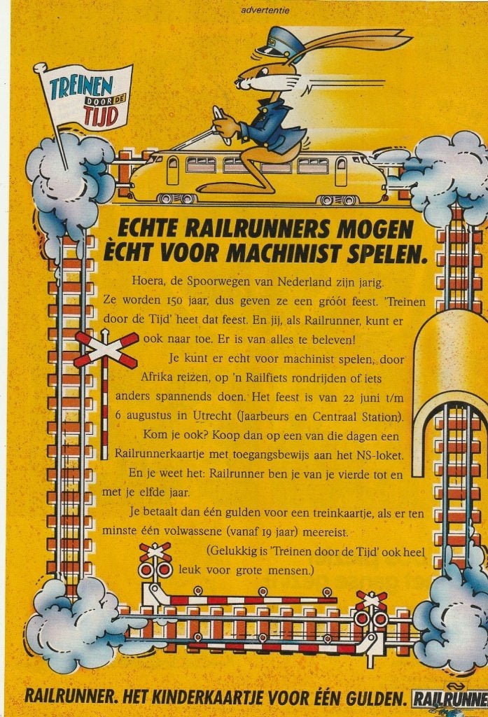 Retro reclame 1989 NS Railrunner Treinen door de tijd feest, Verzamelen, Verzenden, Overige typen
