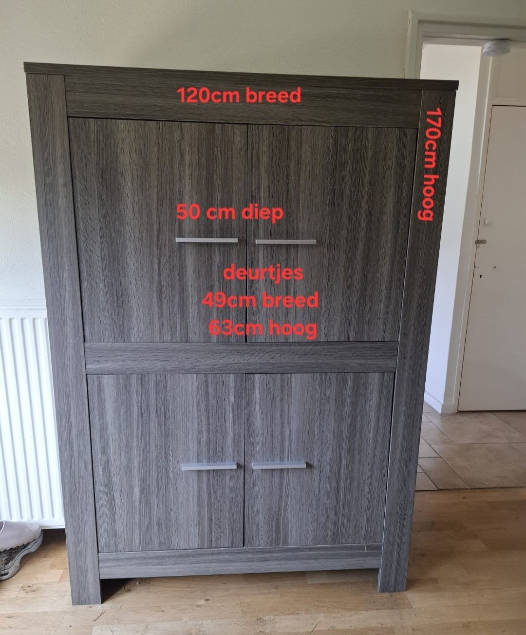 Grijze kast met deuren en planken, 170x120x50 cm, 100 tot 150 cm, Ophalen of Verzenden, Modern, 150 tot 200 cm