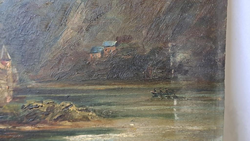 Antiek olieverfschilderij kasteel aan het water, Ophalen of Verzenden