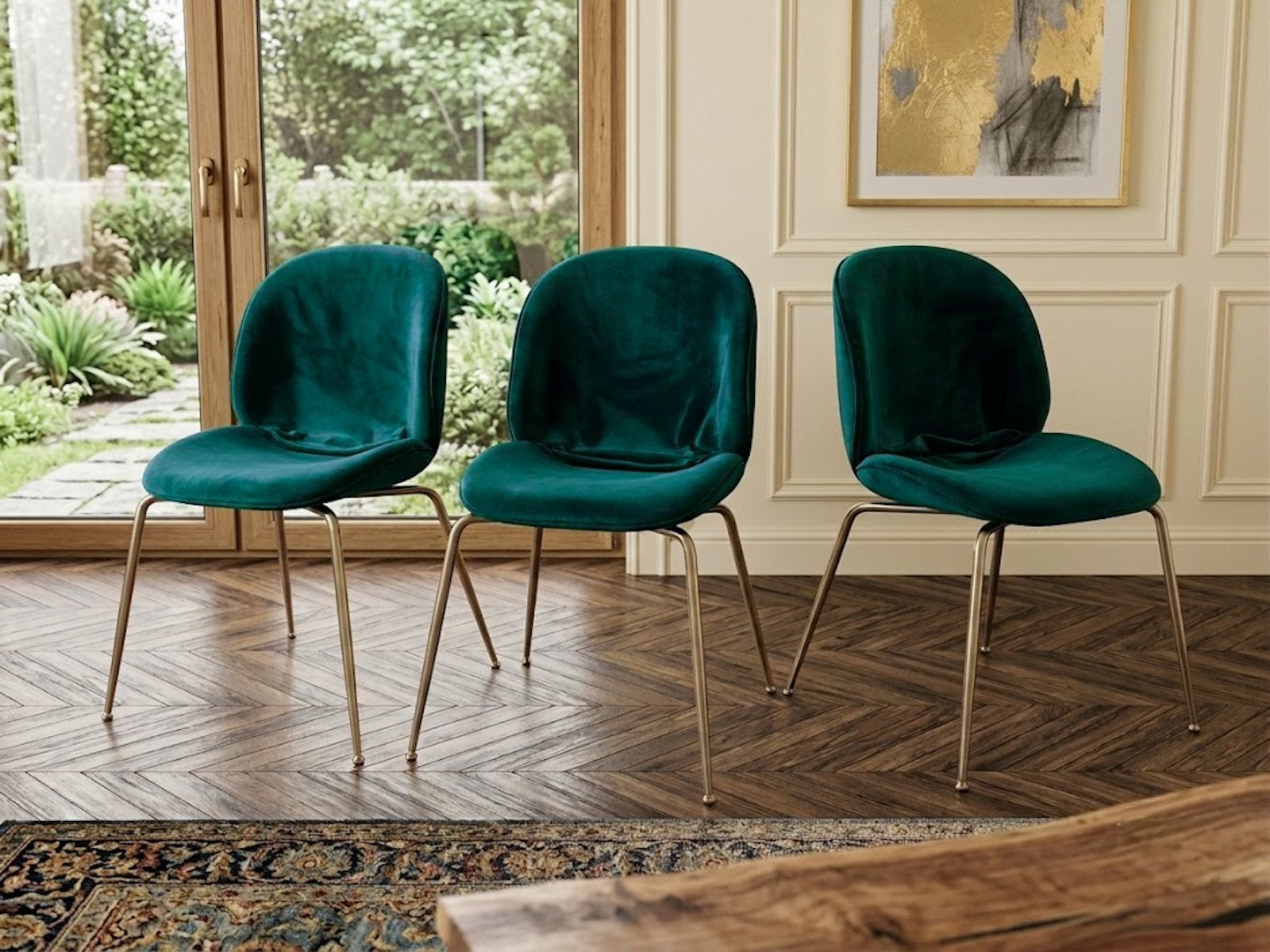 Set van 3 groene velvet fluwelen stoelen, Huis en Inrichting, Stoelen, Ophalen, Gebruikt, Overige kleuren, Drie