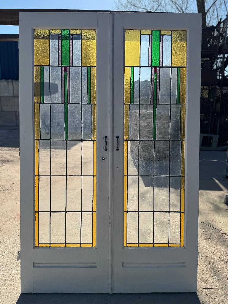 2 Sets antieke glas in lood deuren openslaand 211x135cm., Ophalen