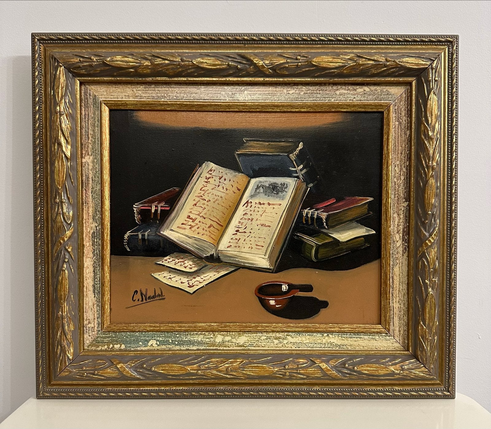 Olieverfschilderij Stilleven met Boeken - Gesigneerd C. Nada, Doek, Stilleven, Ophalen of Verzenden, Gesigneerd