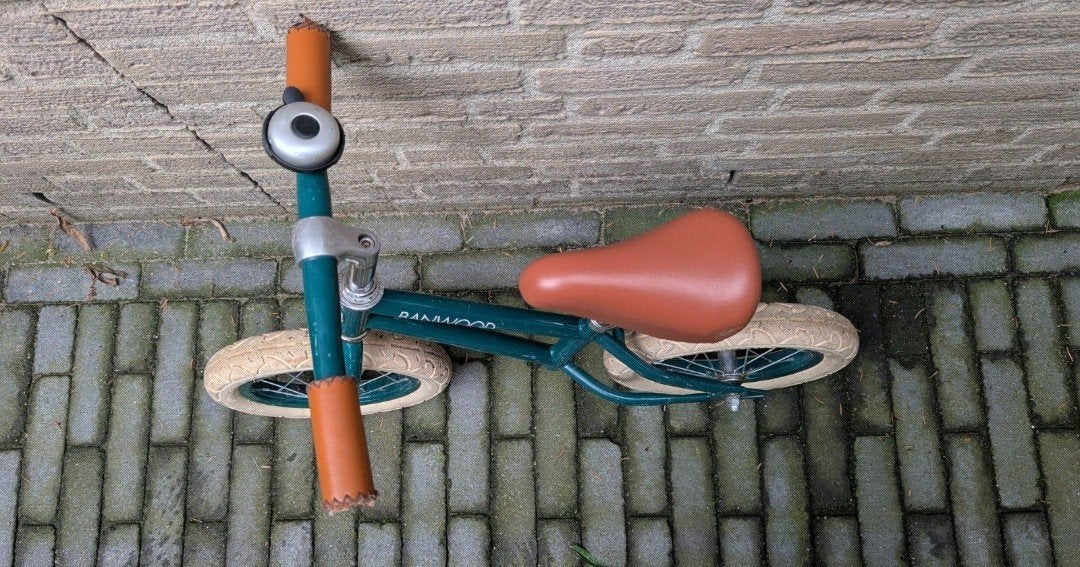 Banwood loopfiets - Groen met bruin zadel, Ophalen of Verzenden, Gebruikt, Minder dan 16 inch, Banwood