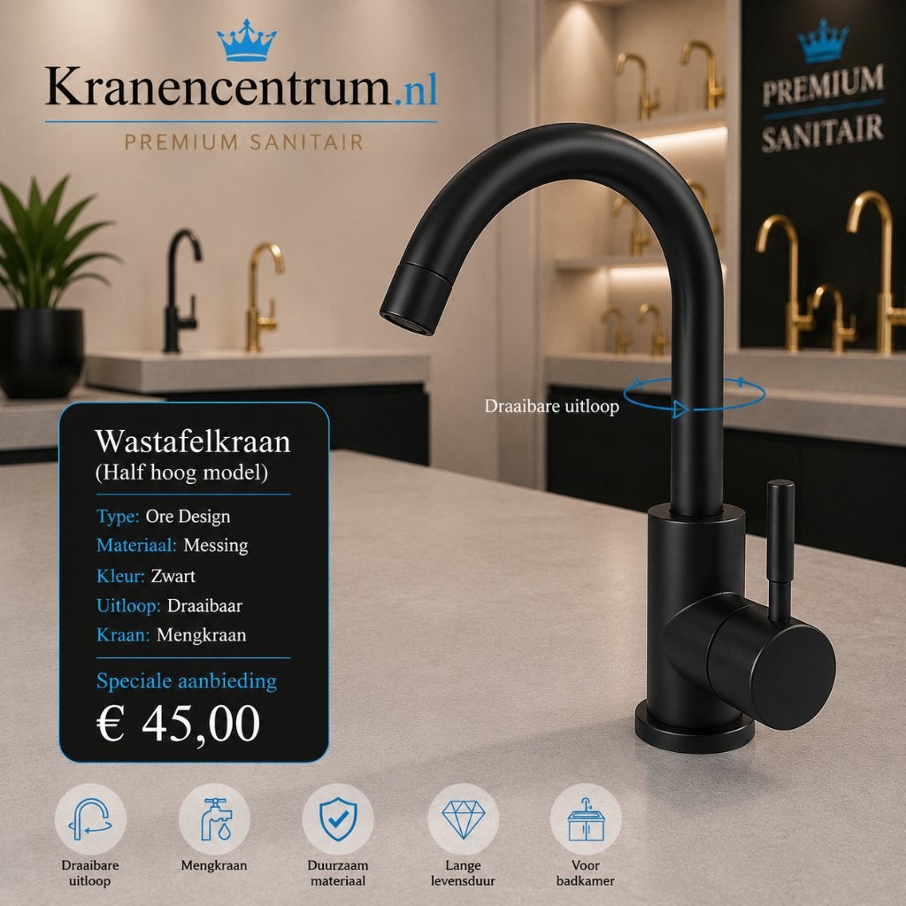 Wastafelkraan badkamer Zwart Halfhoog model Type: Ore Design