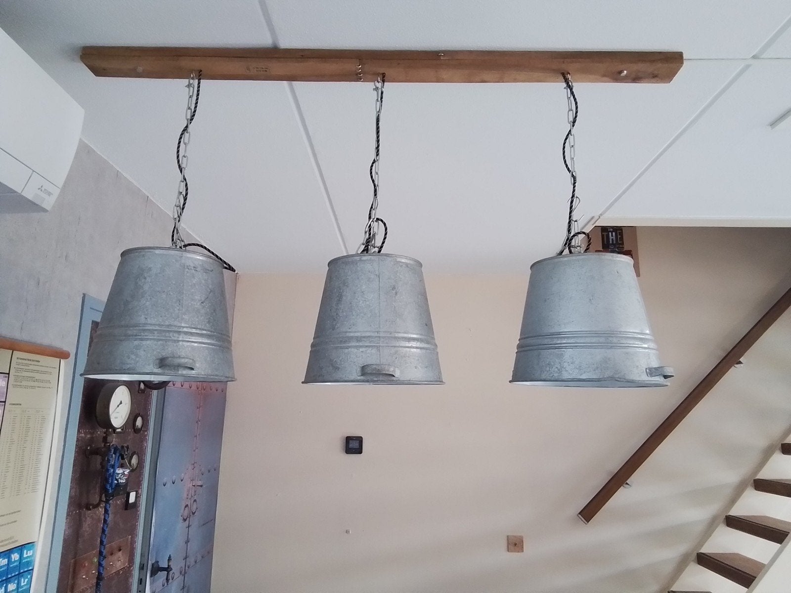 Unieke handgemaakte hanglamp van zinken emmers, Ophalen, Gebruikt, Industrieel, Rustiek, Landelijk, E27 (groot)