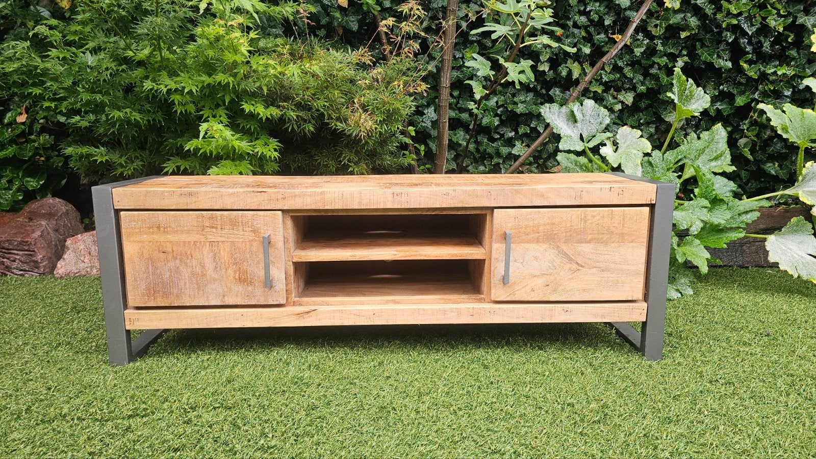 “Stoer tv-meubel mangohout 120 cm – industrieel – dressoir”, Ophalen, Gebruikt, 100 tot 150 cm, Minder dan 100 cm