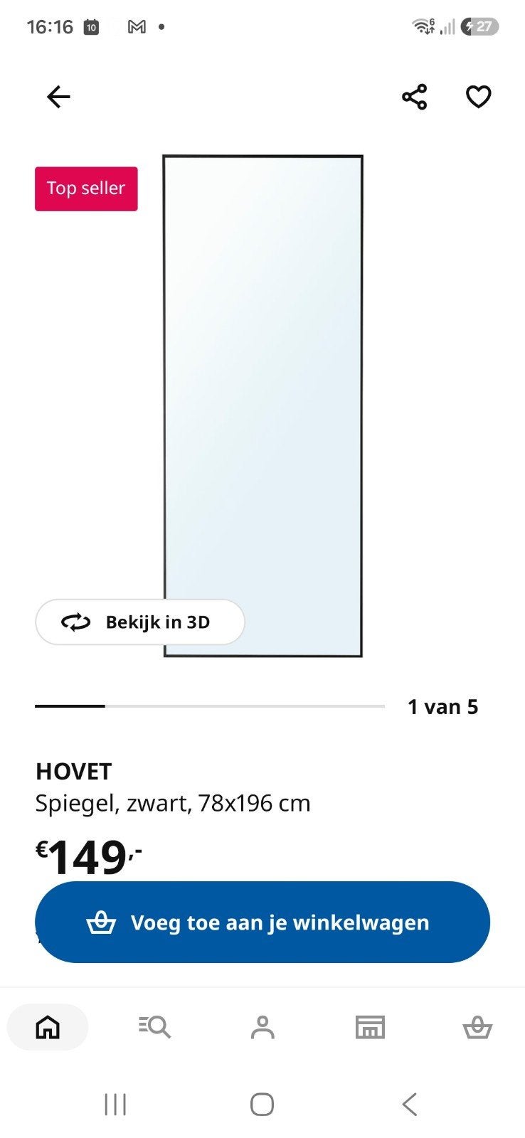 Grote spiegel van Ikea, Huis en Inrichting, Woonaccessoires | Spiegels, Ophalen, Gebruikt, Rechthoekig