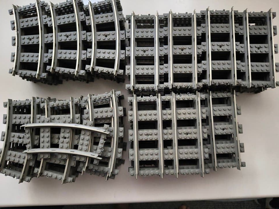 Lego 9 volt trein rails met metalen strip 54 recht, 104 geb., Gebruikt, Overige thema's, Lego, Overige typen