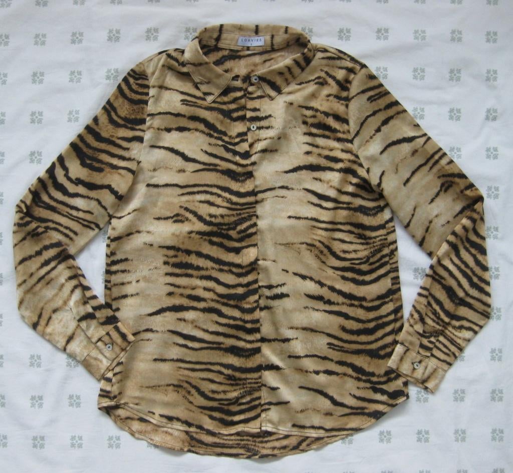 Loavies blouse in tijgerprint, dierenprint, camel- zwart, S, Bruin, Ophalen of Verzenden, Maat 36 (S), Loavies