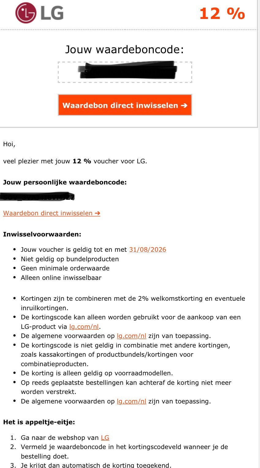 Lg 12% korting, Eén persoon, Kortingsbon