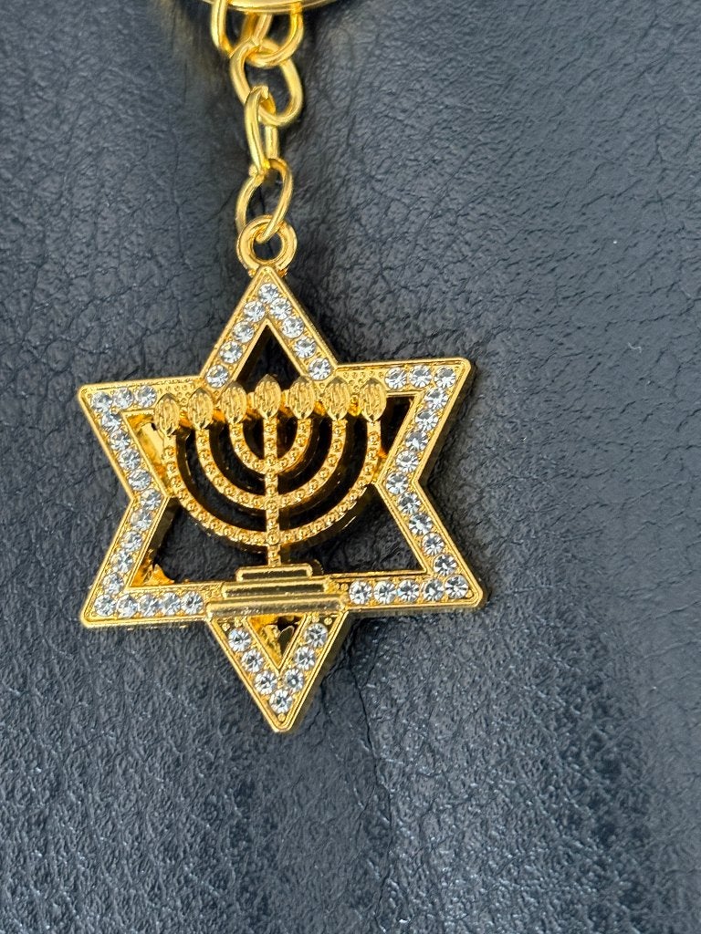 Goudkleurige Davidster Menora Sleutelhanger met Strass, Verzamelen, Ophalen of Verzenden, Nieuw, Overige typen