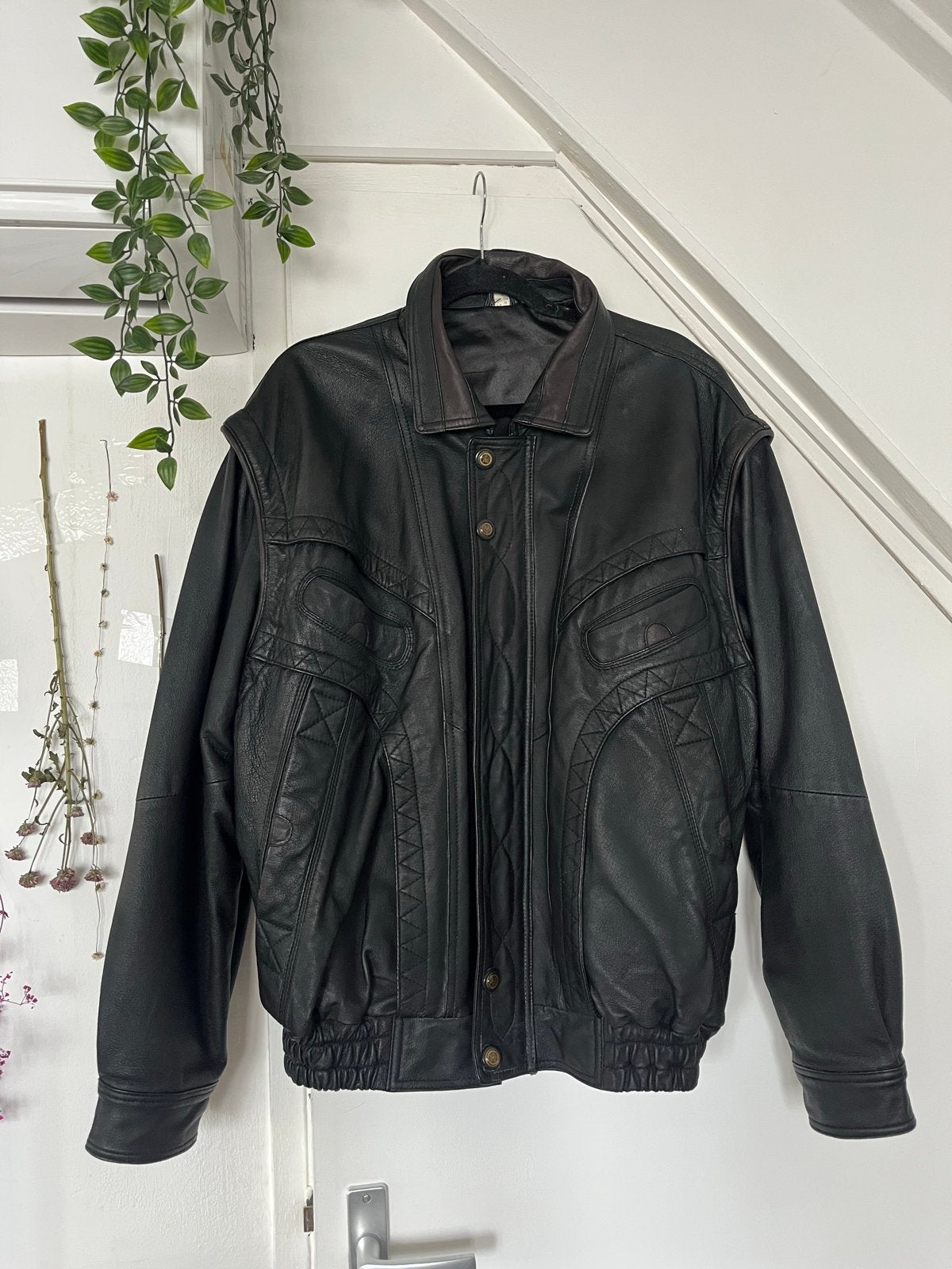 Vintage Leren Jas Zwart - Bomberjack Stijl, Ophalen of Verzenden, Gedragen, Maat 52/54 (L), Zwart