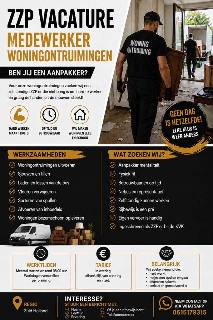 Zzp’ers gezocht voor woningontruiming! Regio delft!, Overige niveaus, Starter, Overige vormen