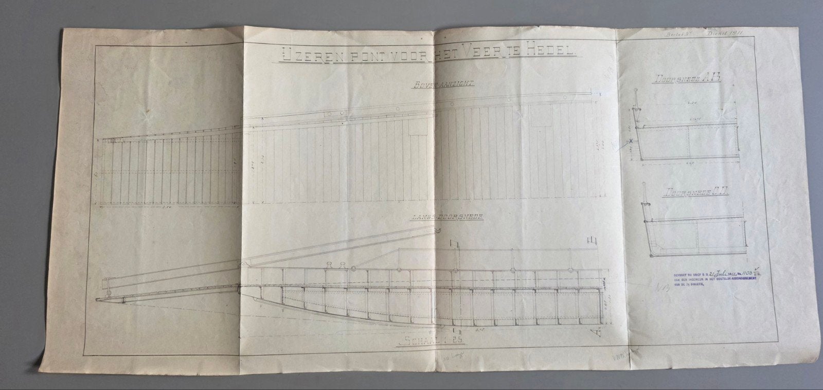 69)BESTEK DIENST 1911 IJZEREN PONT VOOR HET VEER TE HEDEL, Boeken, Gelezen, Verzenden, Landkaart, 1800 tot 2000